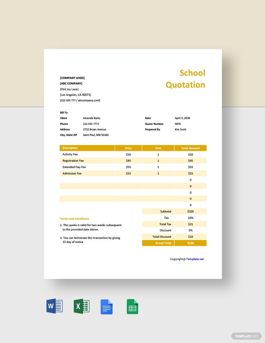 Free Sample School Quotation Template