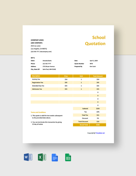 Free Sample School Quotation Template - Google Docs, Google Sheets, Excel, Word