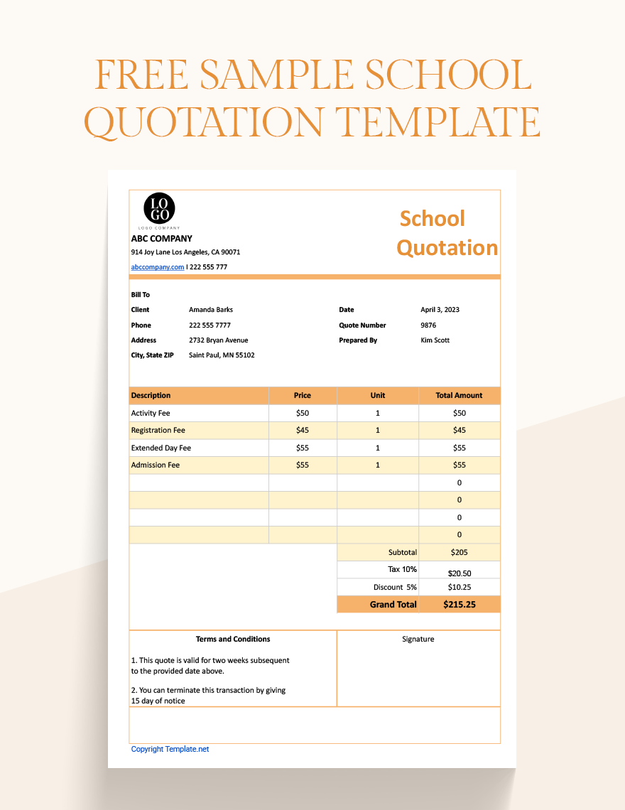 Sample School Quotation Template in Word, Google Docs, Excel, Google Sheets