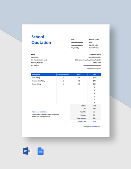 Simple School Quotation Template - Google Docs, Google Sheets, Excel, Word
