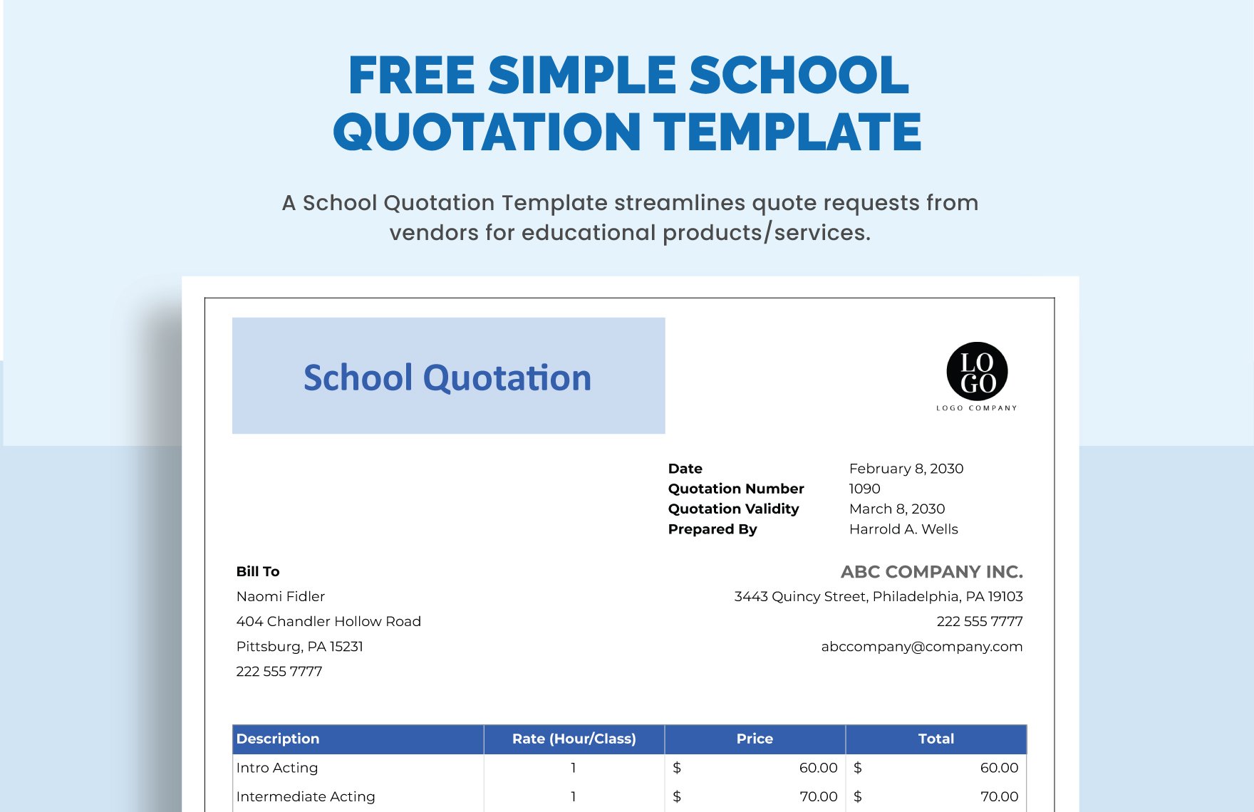 Simple School Quotation Template in Word, Google Docs, Excel, Google Sheets
