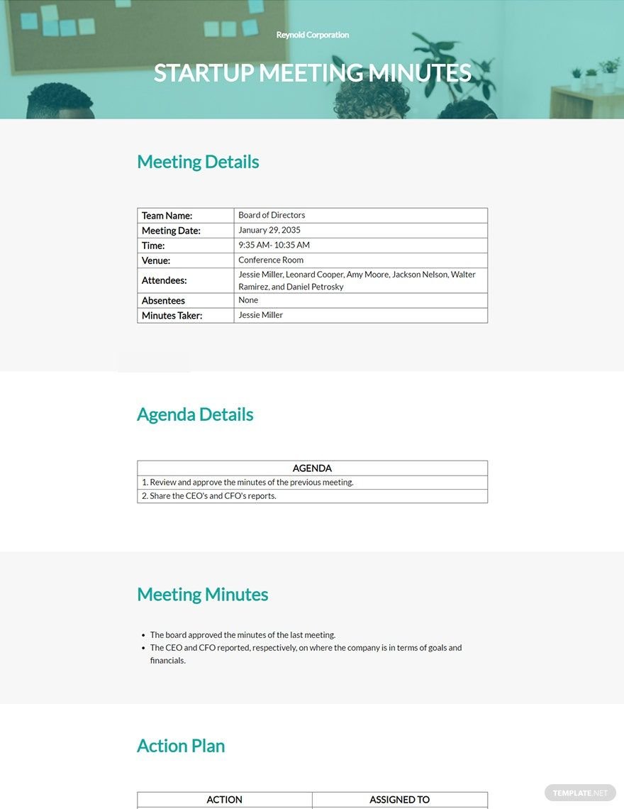 Free Sample Startup Meeting Minutes Template