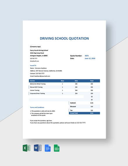 Driving School Quotation Template - Google Docs, Google Sheets, Excel, Word