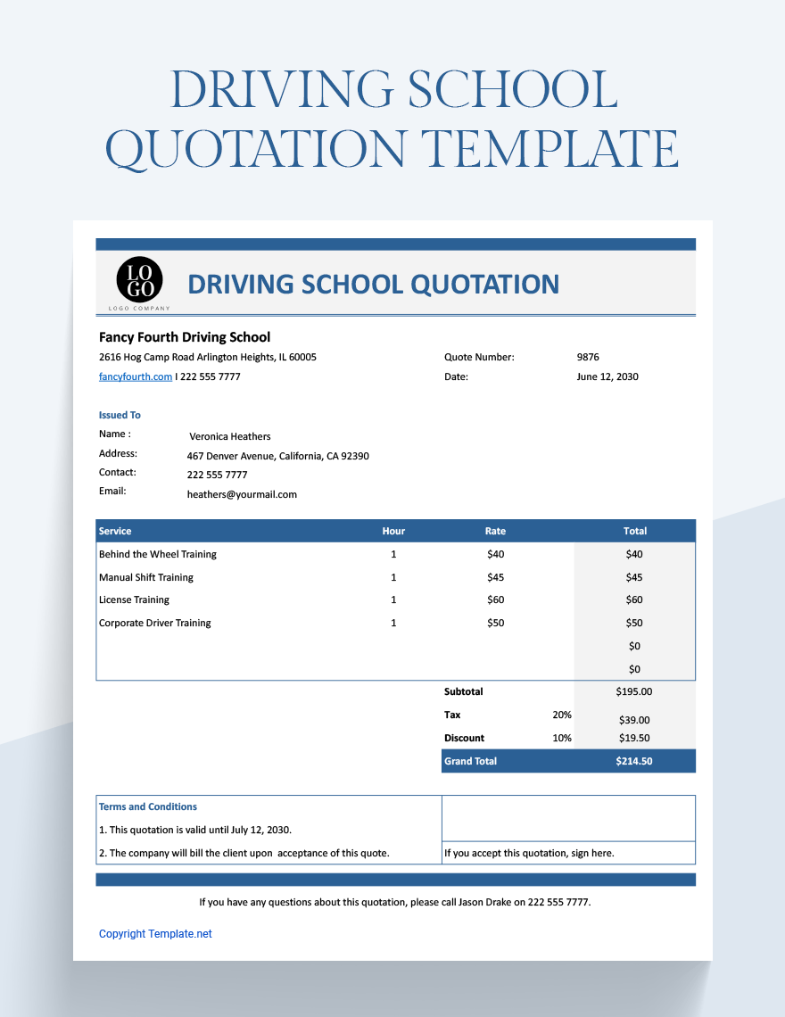Driving School Quotation Template in Word, Google Docs, Excel, Google Sheets