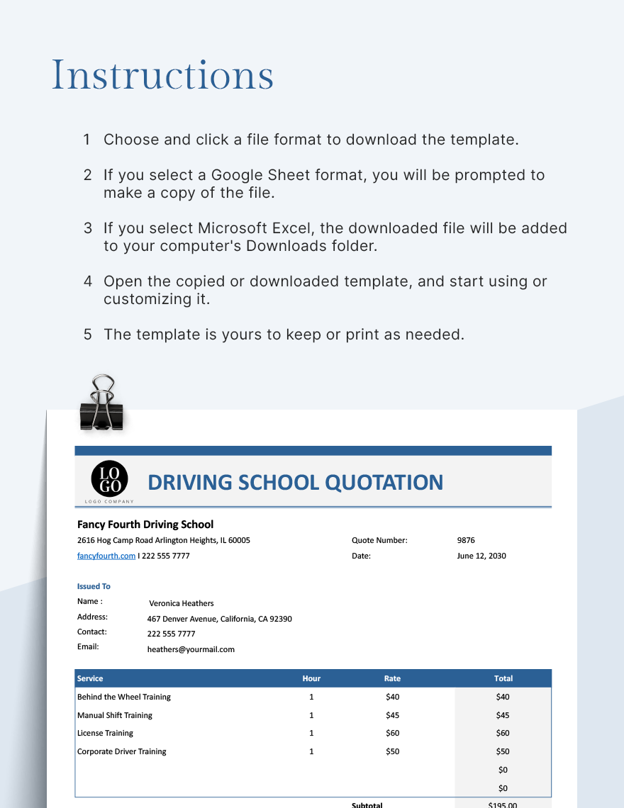 Driving School Quotation Template