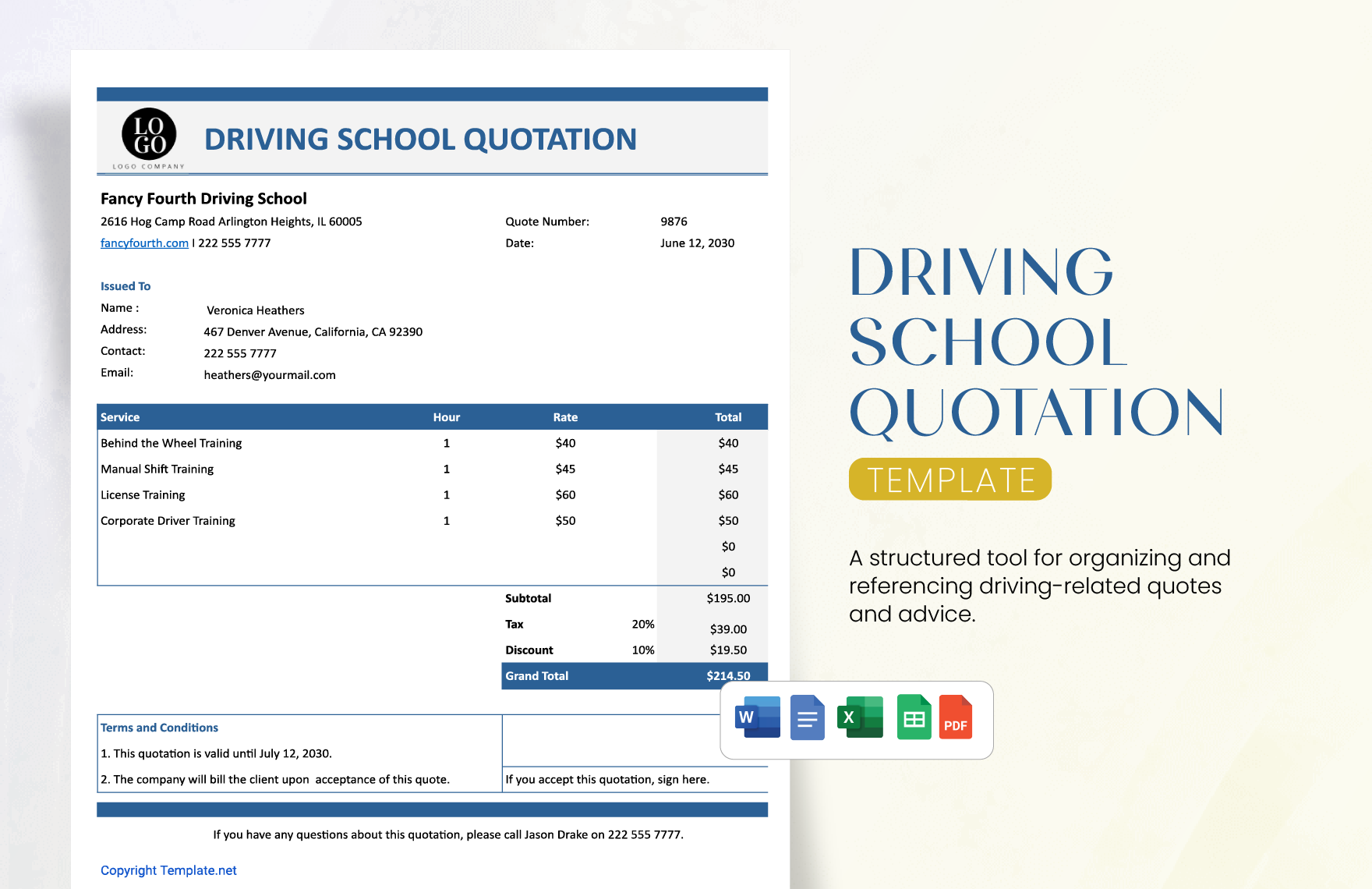 Driving School Quotation Template in Word, Google Docs, Excel, PDF, Google Sheets