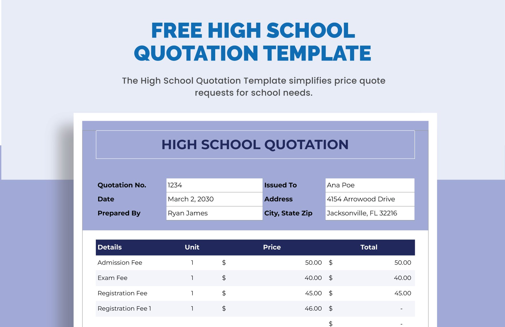 High School Quotation Template in Word, Google Docs, Excel, Google Sheets