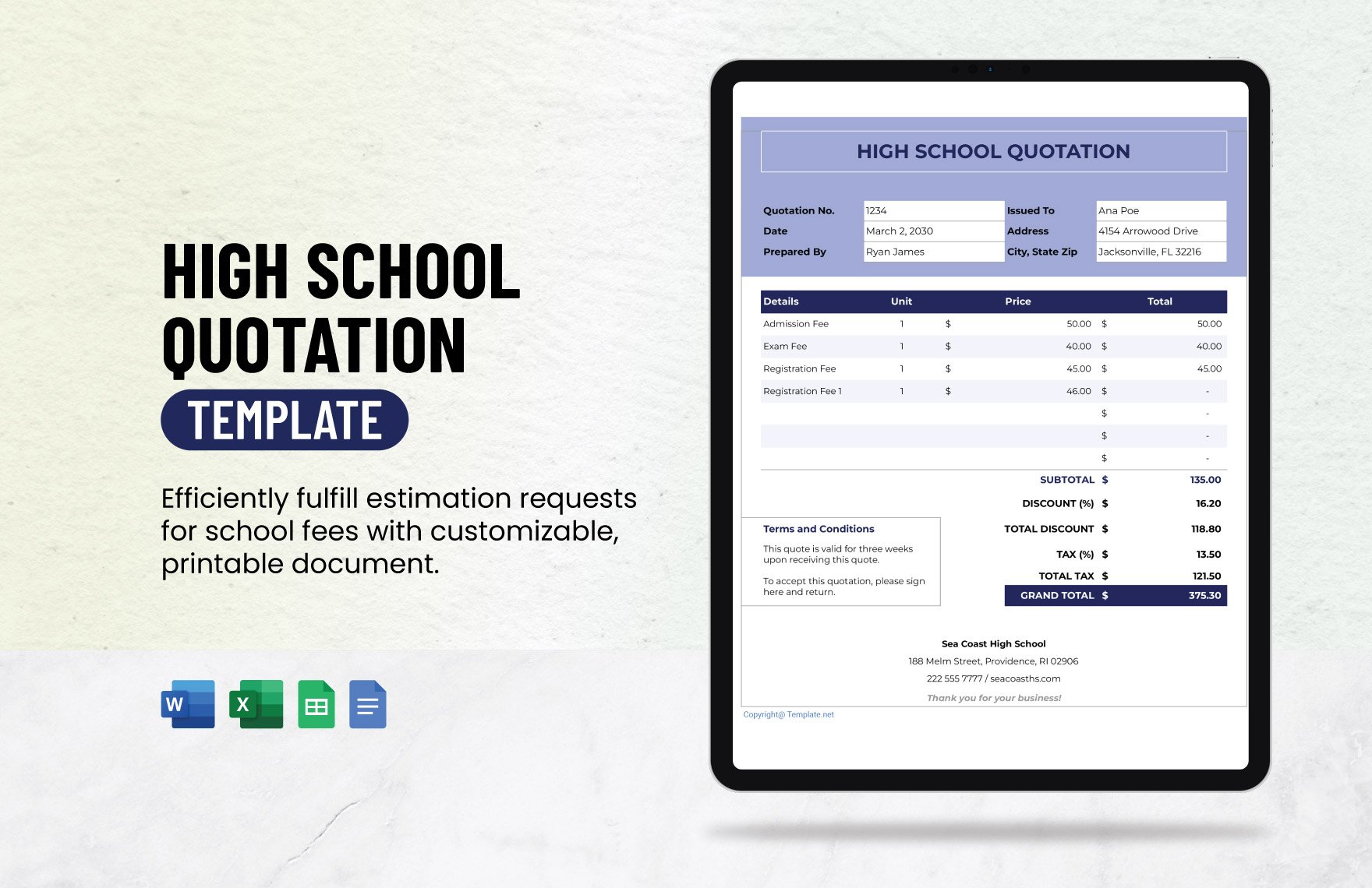 High School Quotation Template in Word, Google Docs, Excel, Google Sheets