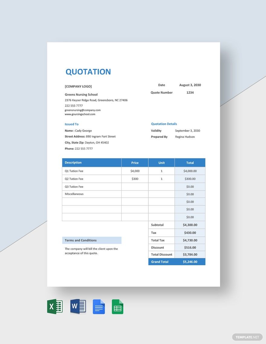 Free Sample School Quotation Template Google Docs, Google Sheets