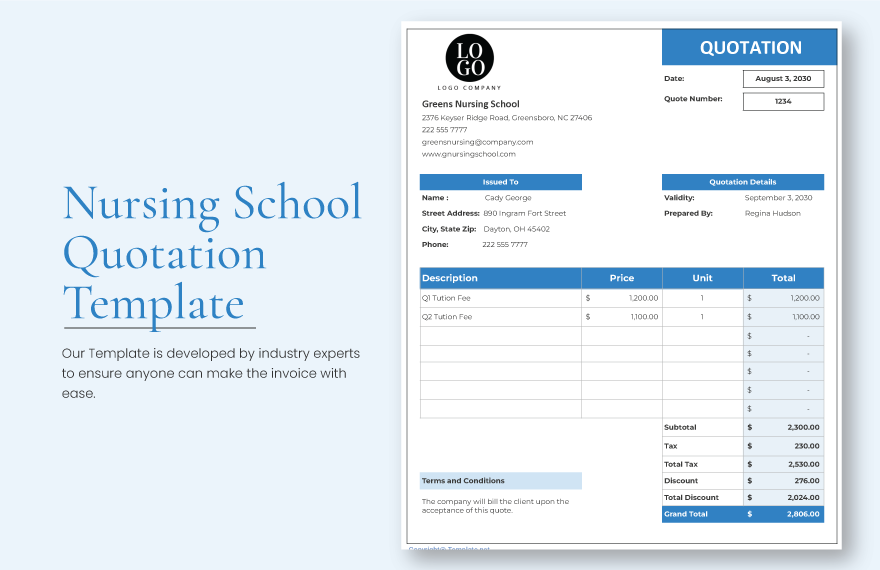 Nursing School Quotation Template - Google Docs, Google Sheets, Excel ...