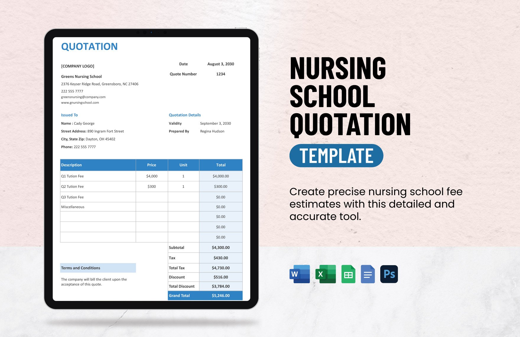 Nursing School Quotation Template in Word, Google Docs, Excel, Google Sheets, PSD