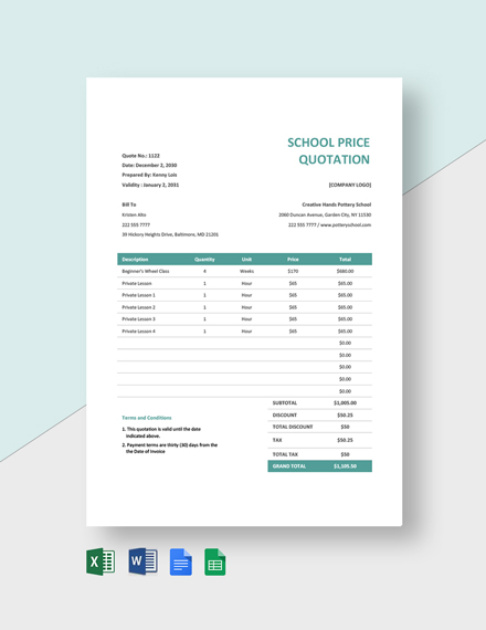 School Price Quotation Template - Google Docs, Google Sheets, Excel, Word