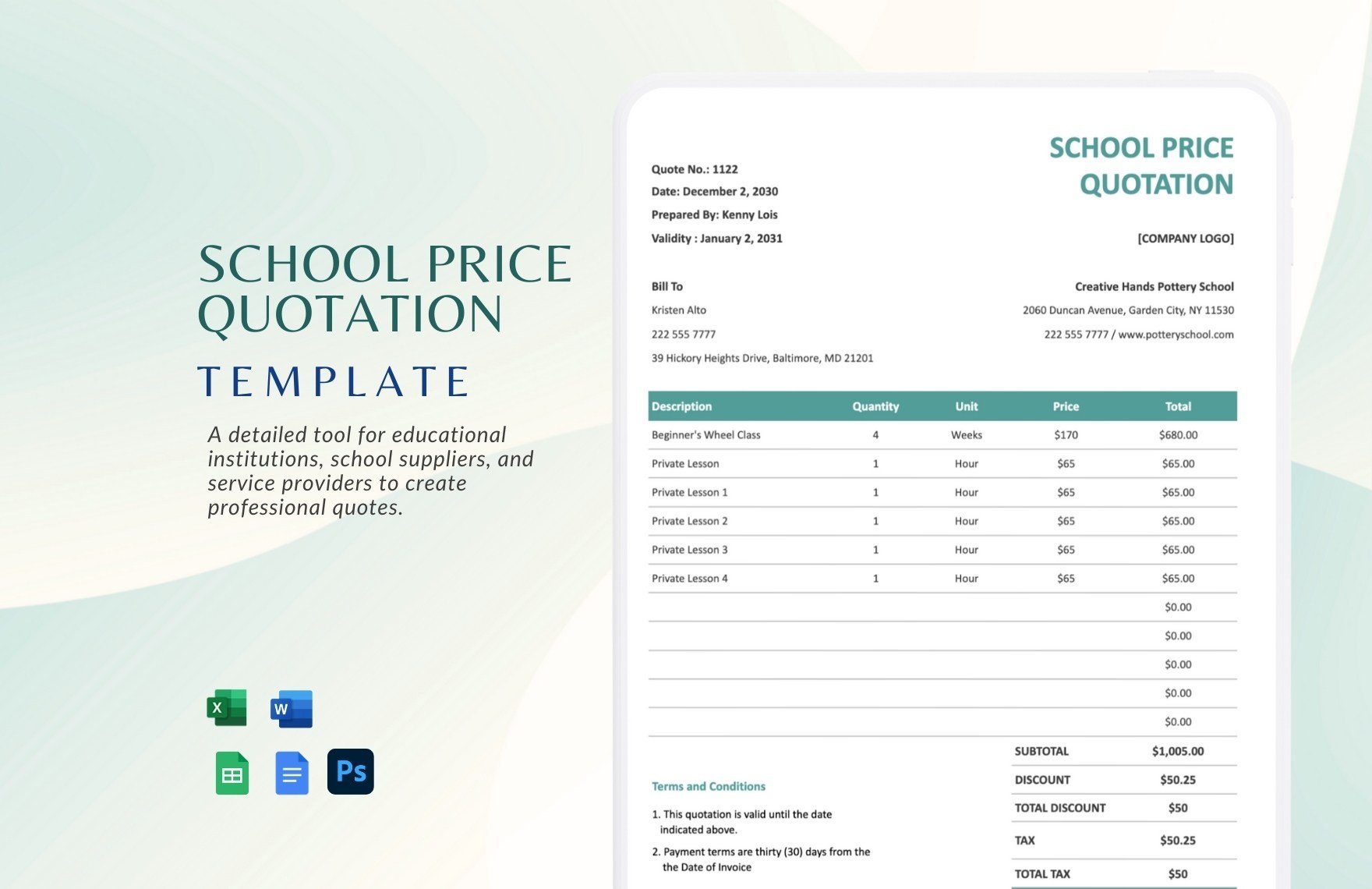 School Price Quotation Template in Word, Google Docs, Excel, Google Sheets, PSD - Download | Template.net