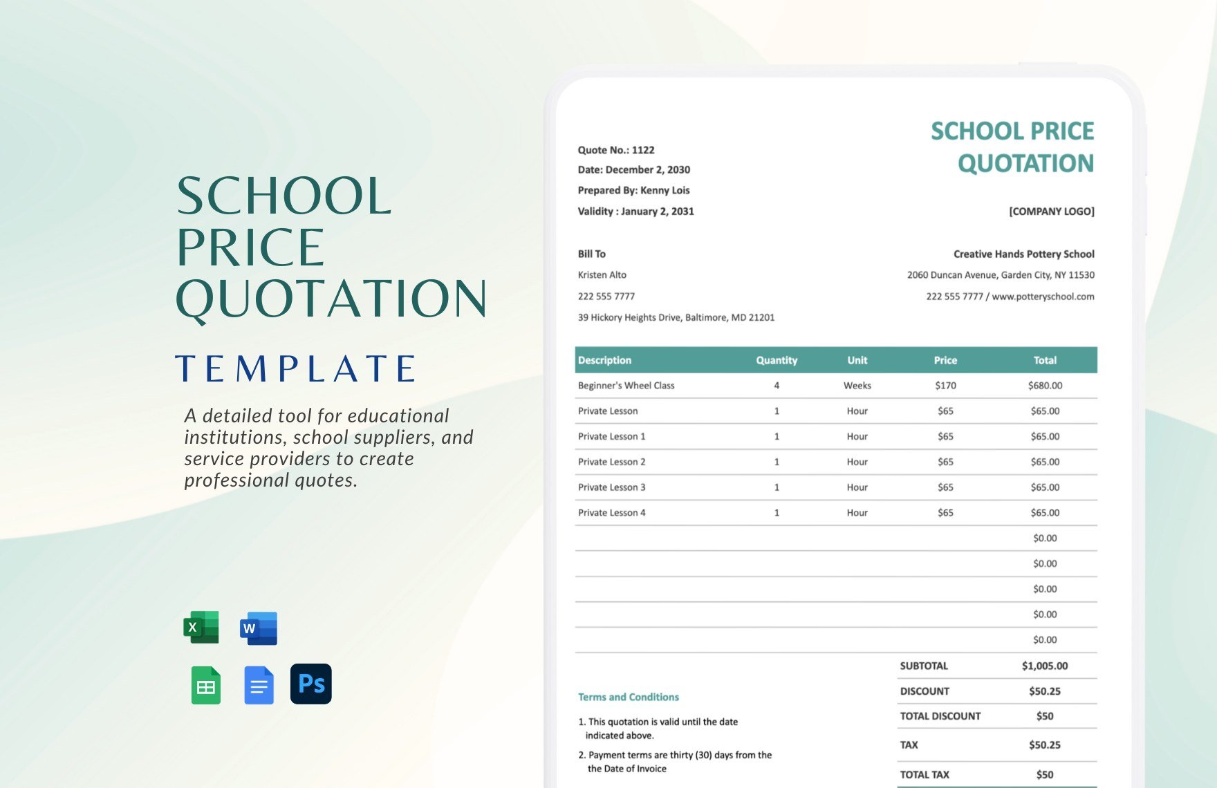 School Price Quotation Template in Word, Google Docs, Excel, Google Sheets, PSD - Download | Template.net