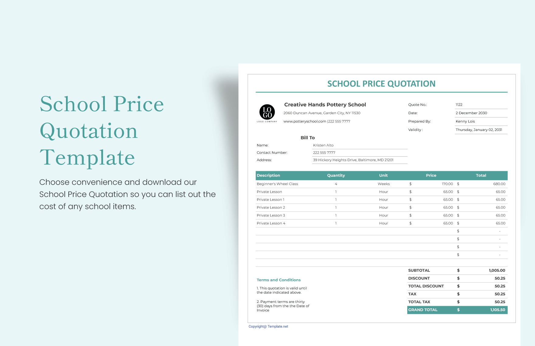 School Price Quotation Template in Word, Google Docs, Excel, Google Sheets, PSD