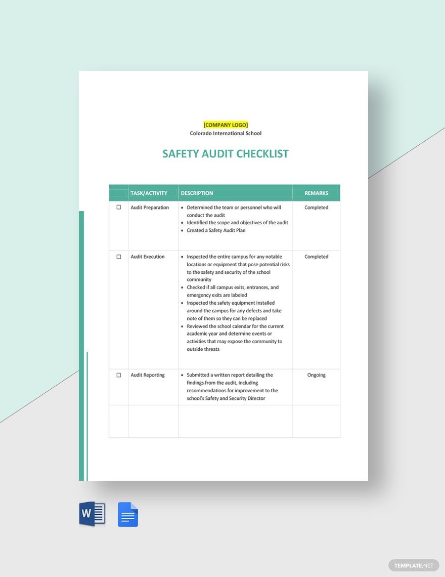 School Safety Audit Checklist Template