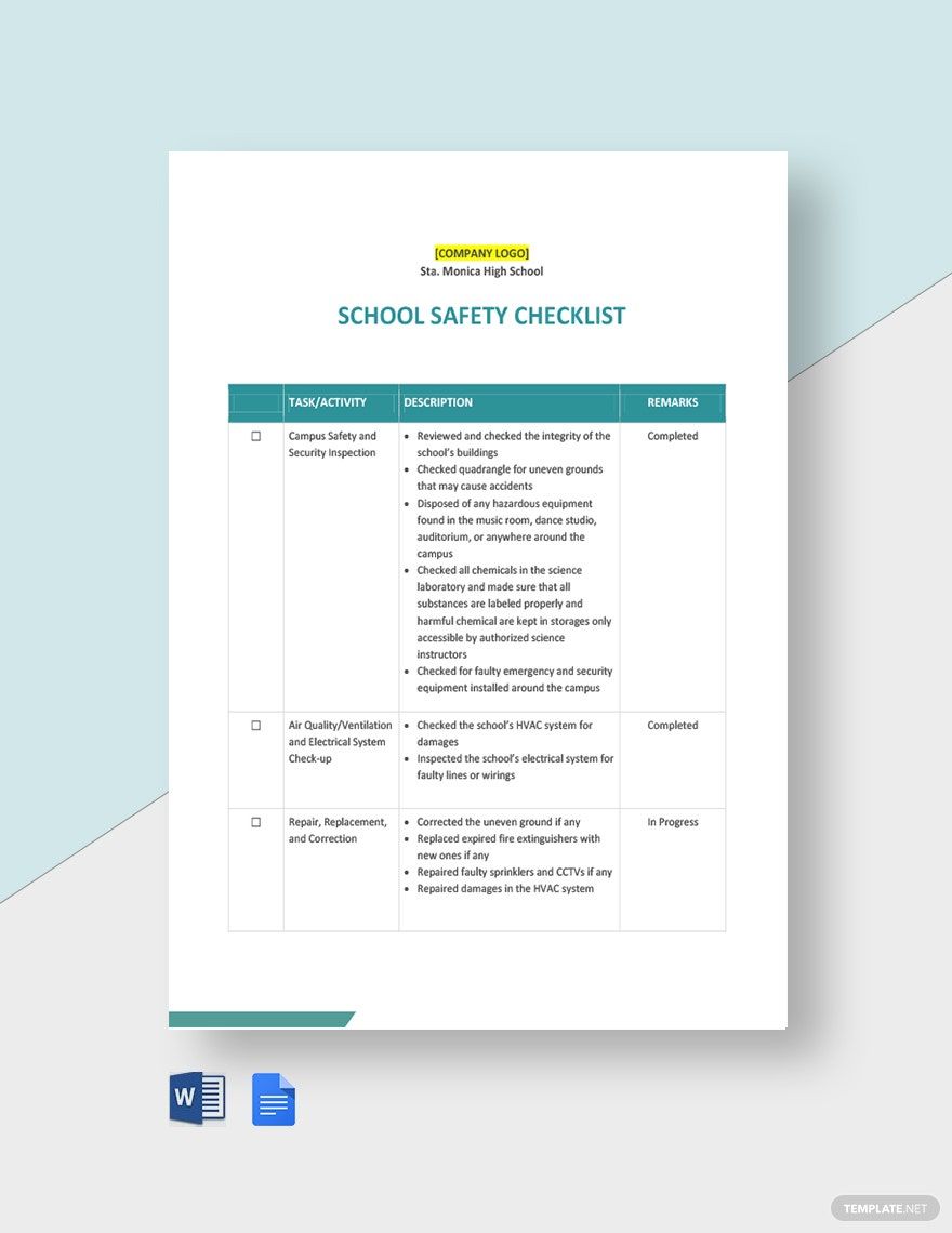 School Safety Checklist Template in Google Docs, Word - Download | Template.net