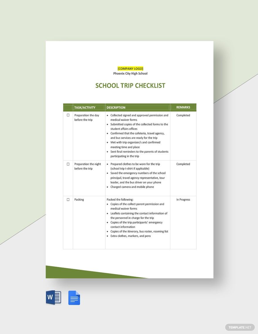 School Trip Checklist Template