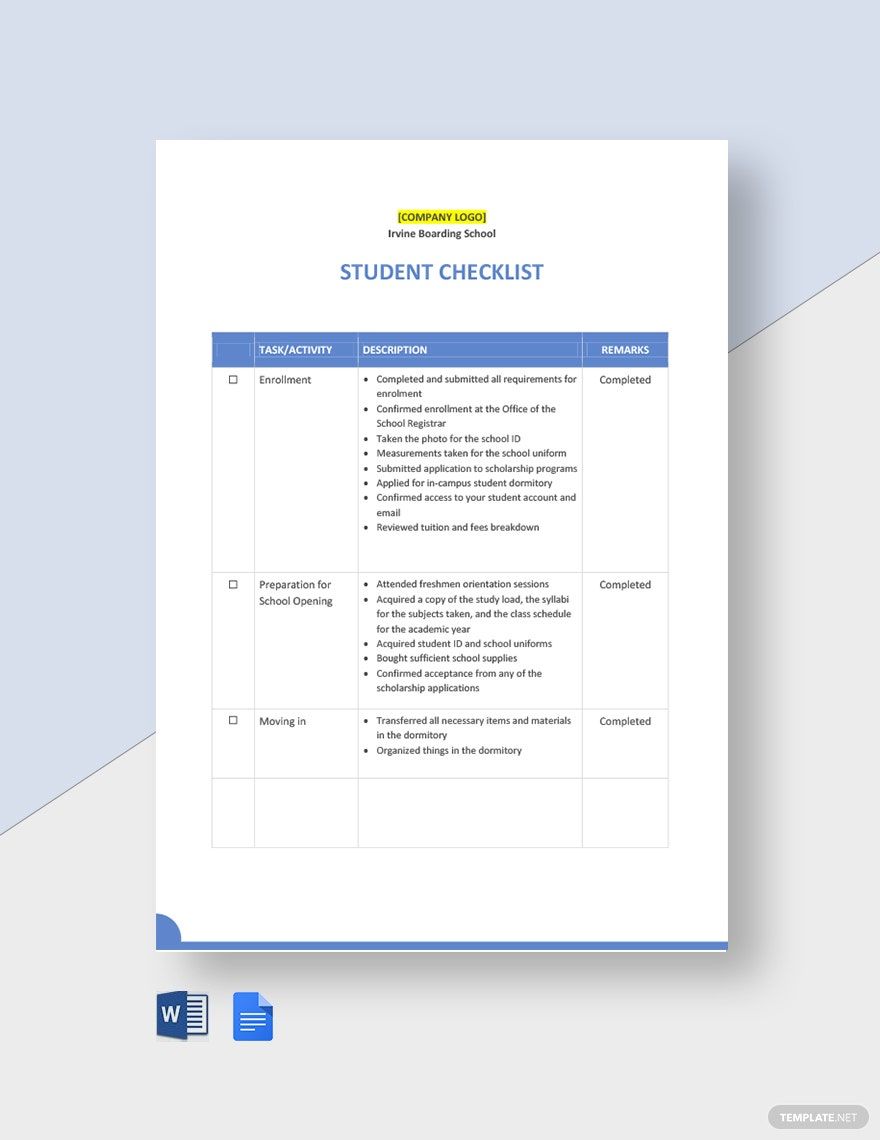 Editable Student Checklist Template