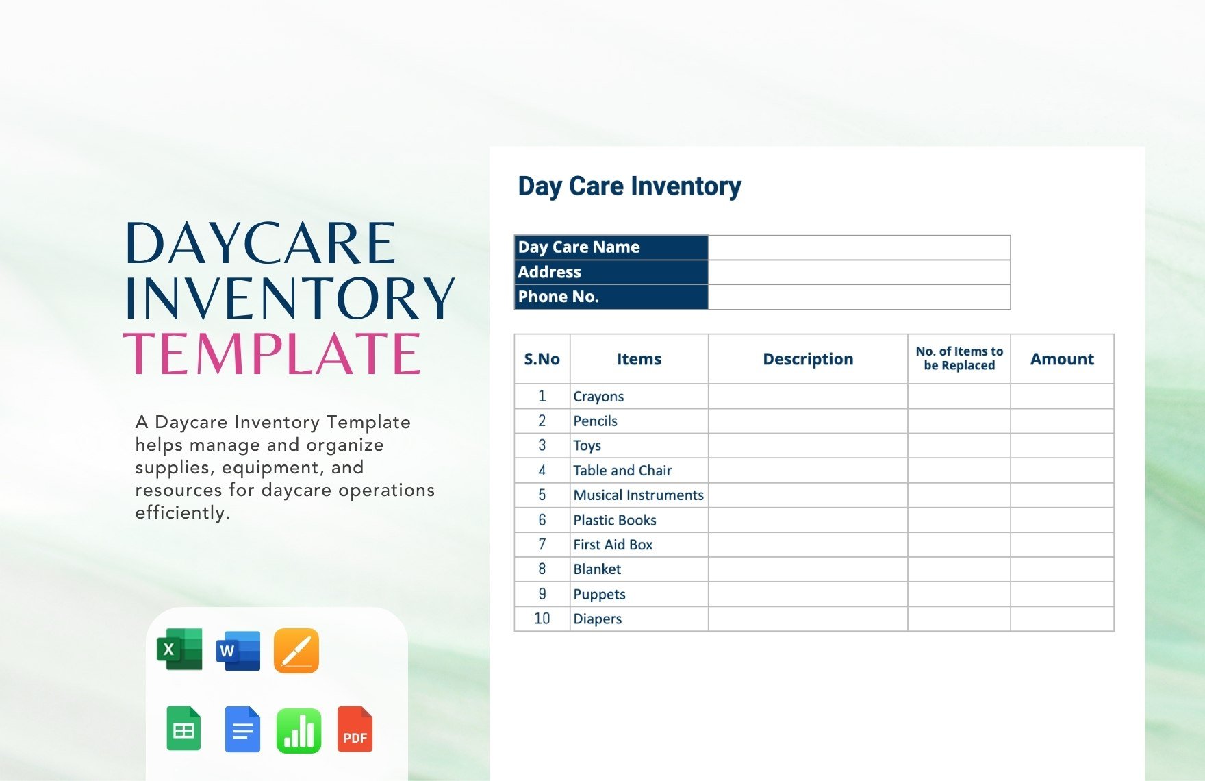 Daycare Inventory Template in Word, Google Docs, Excel, PDF, Google Sheets, Apple Pages, Apple Numbers