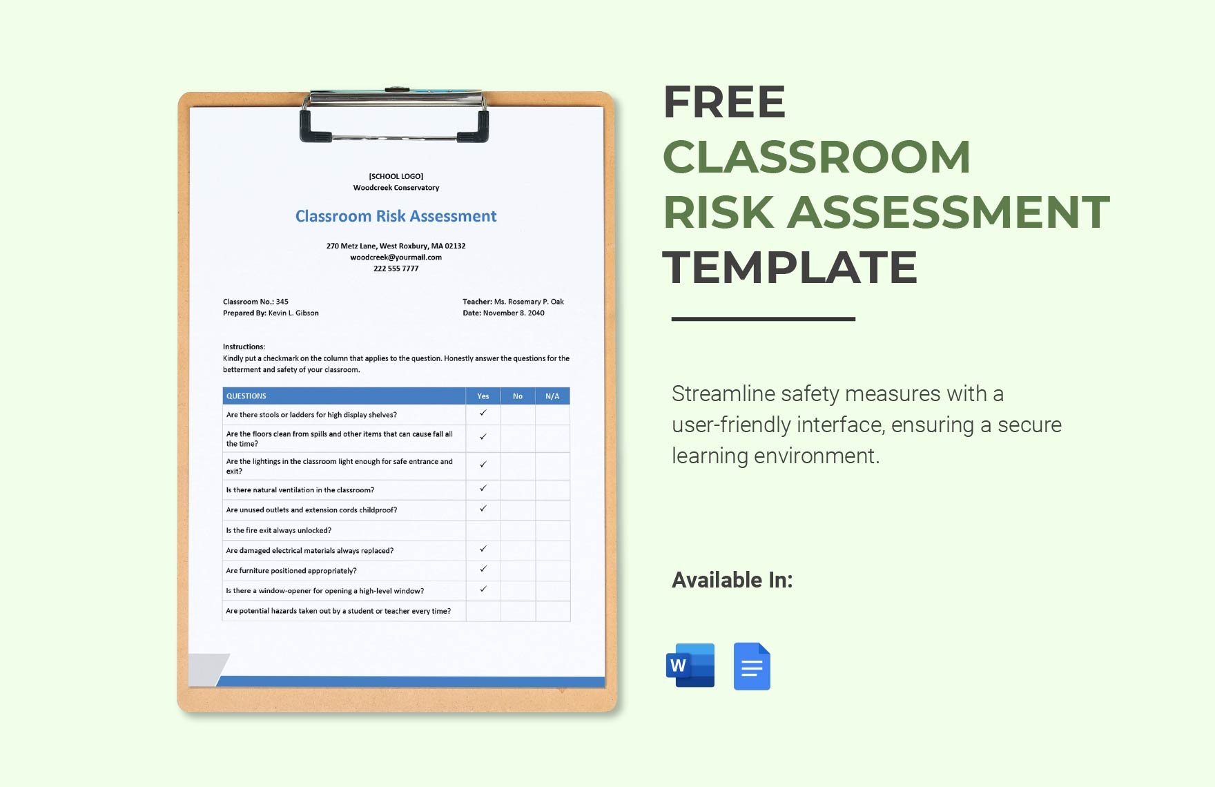 Classroom Risk Assessment Template in Word, Google Docs, PDF