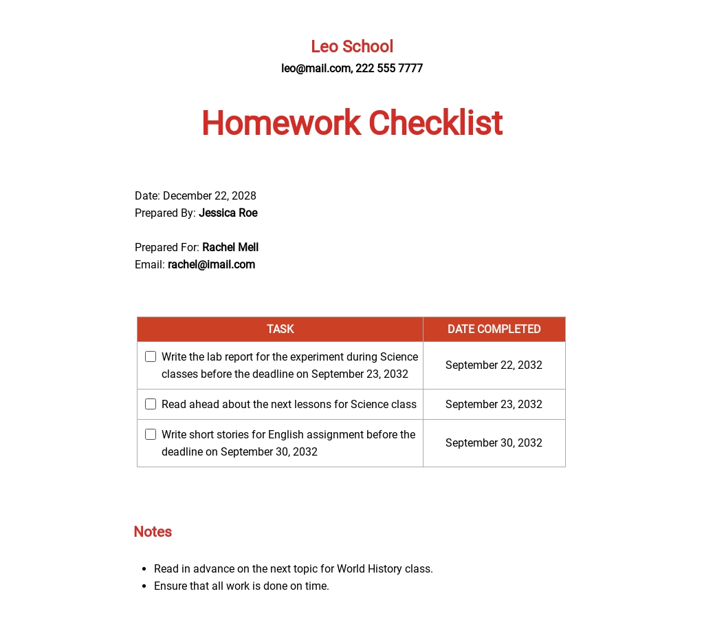 homework checklist doc