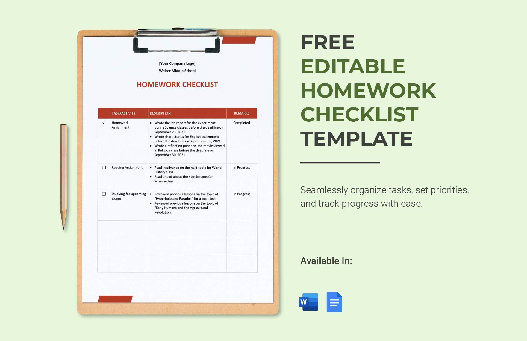 Editable Homework Checklist Template