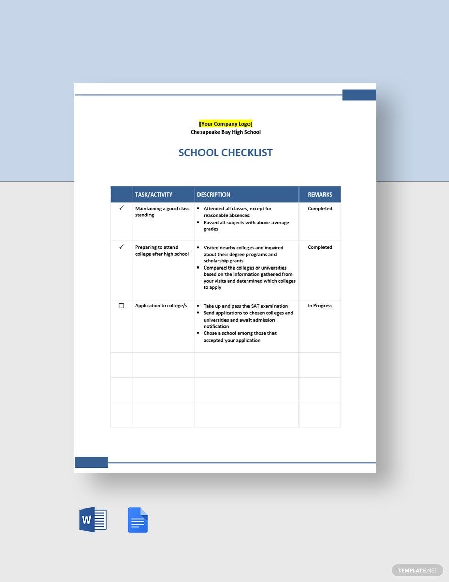 Editable School Checklist Template