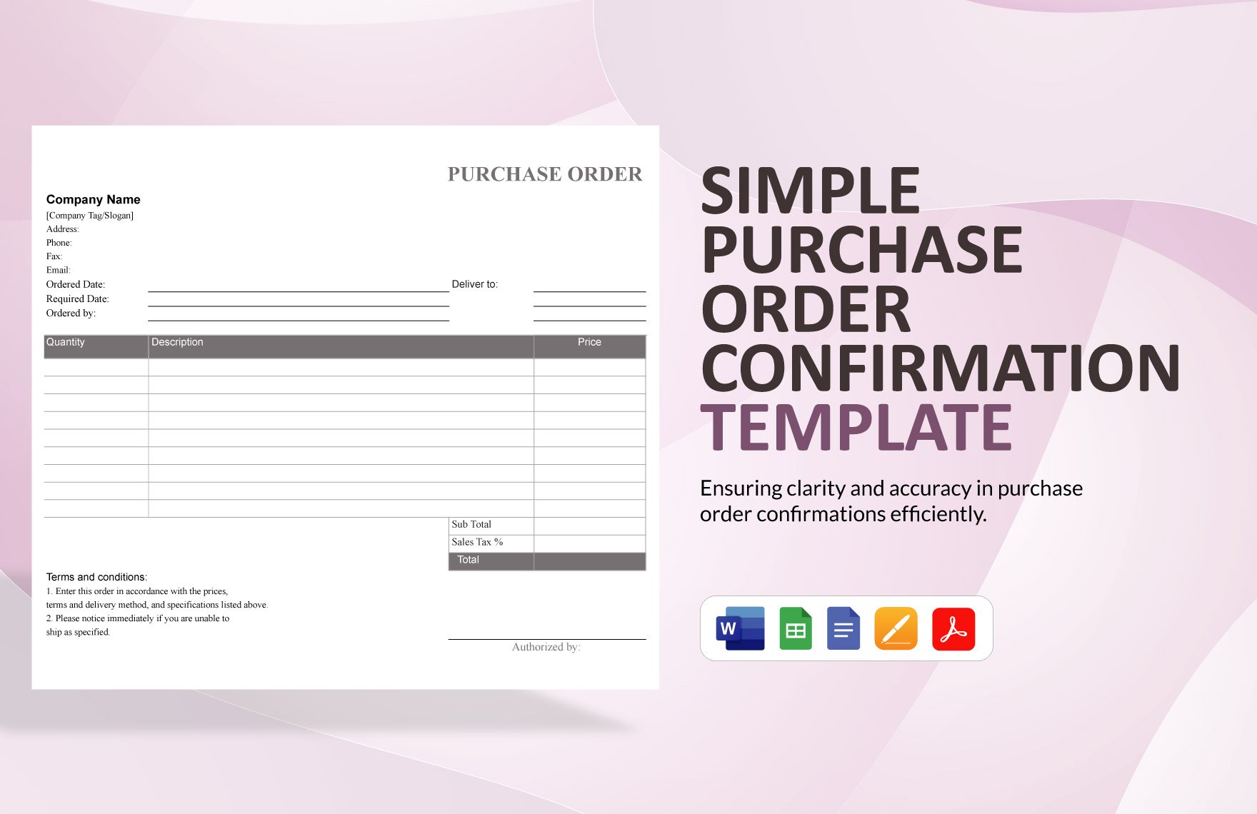 Simple Purchase Order Confirmation Template in Word, Google Docs, PDF, Google Sheets, Apple Pages