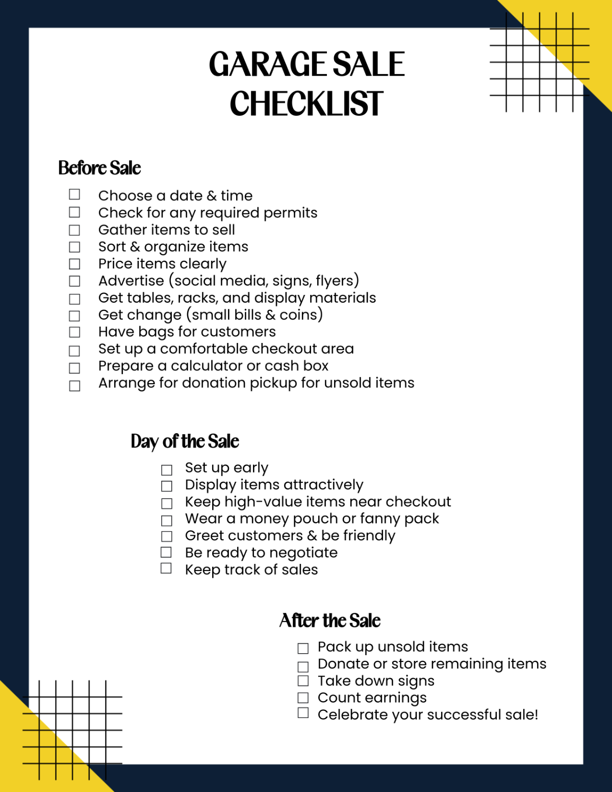 Free Printable Garage Sale Checklist Template