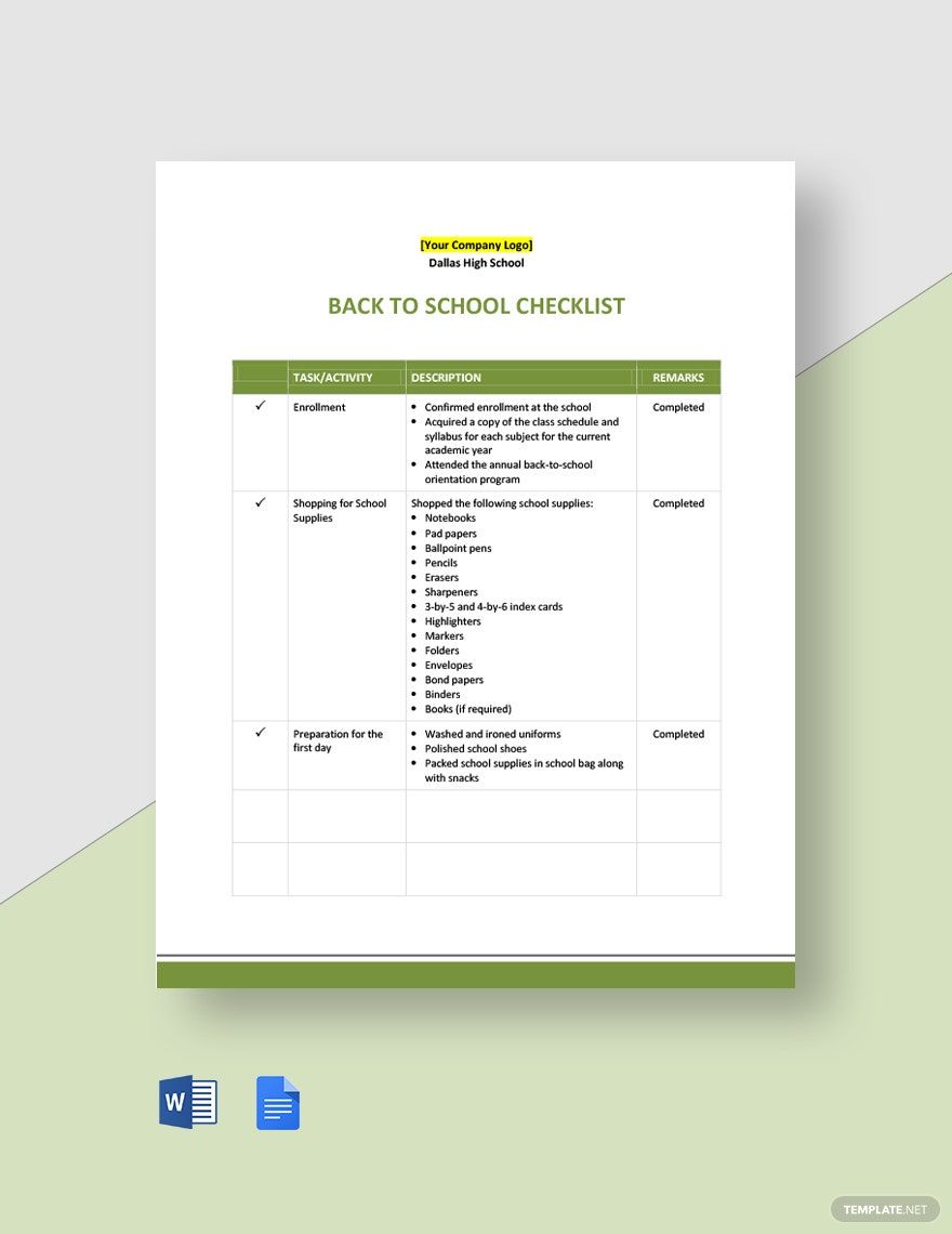 Back to School Checklist Template