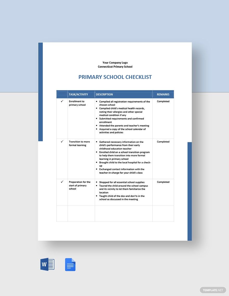 Primary School Checklist Template