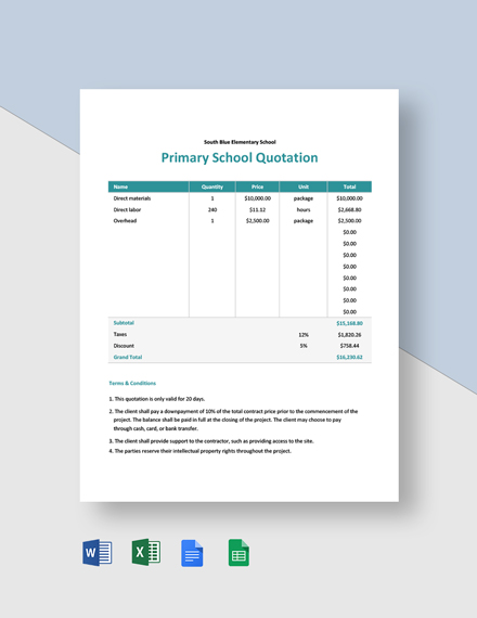 Primary School Quotation Template - Google Docs, Google Sheets, Excel, Word