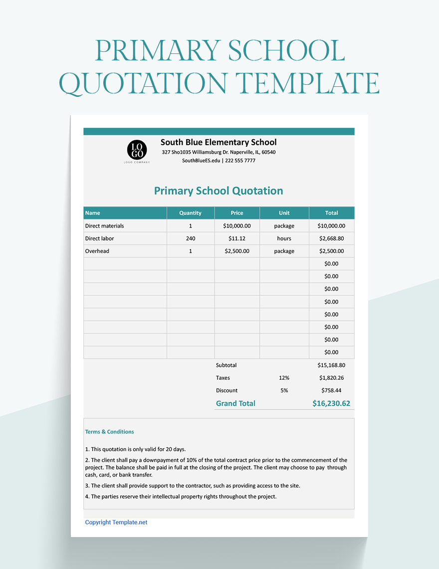 Primary School Quotation Template in Word, Google Docs, Excel, Google Sheets