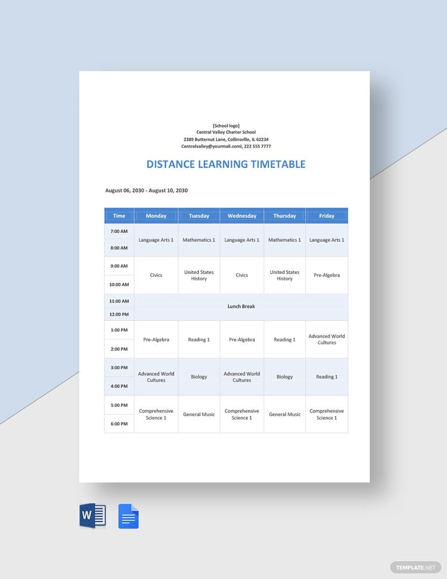 Free Distance Learning Timetable Template