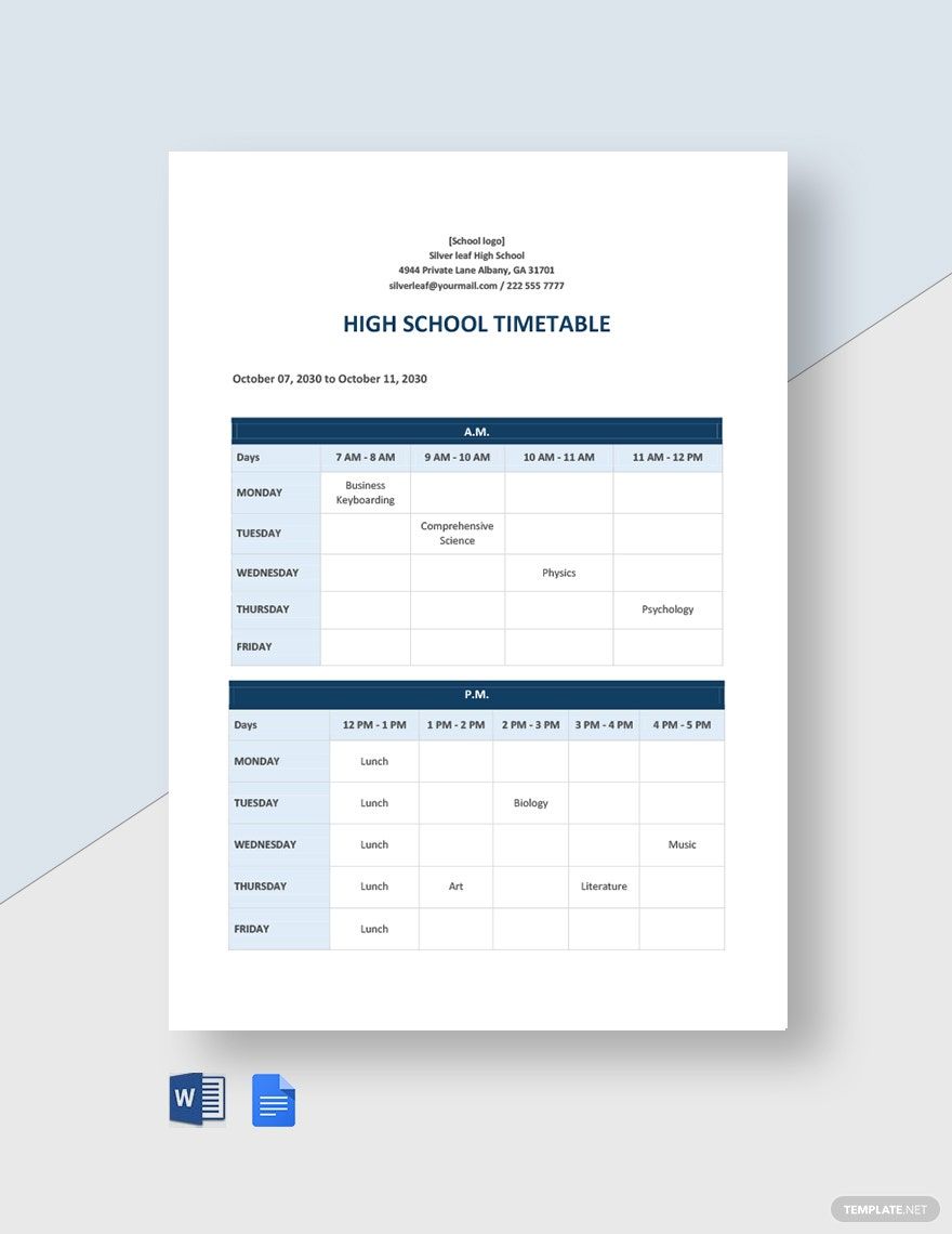 High School Timetable Template