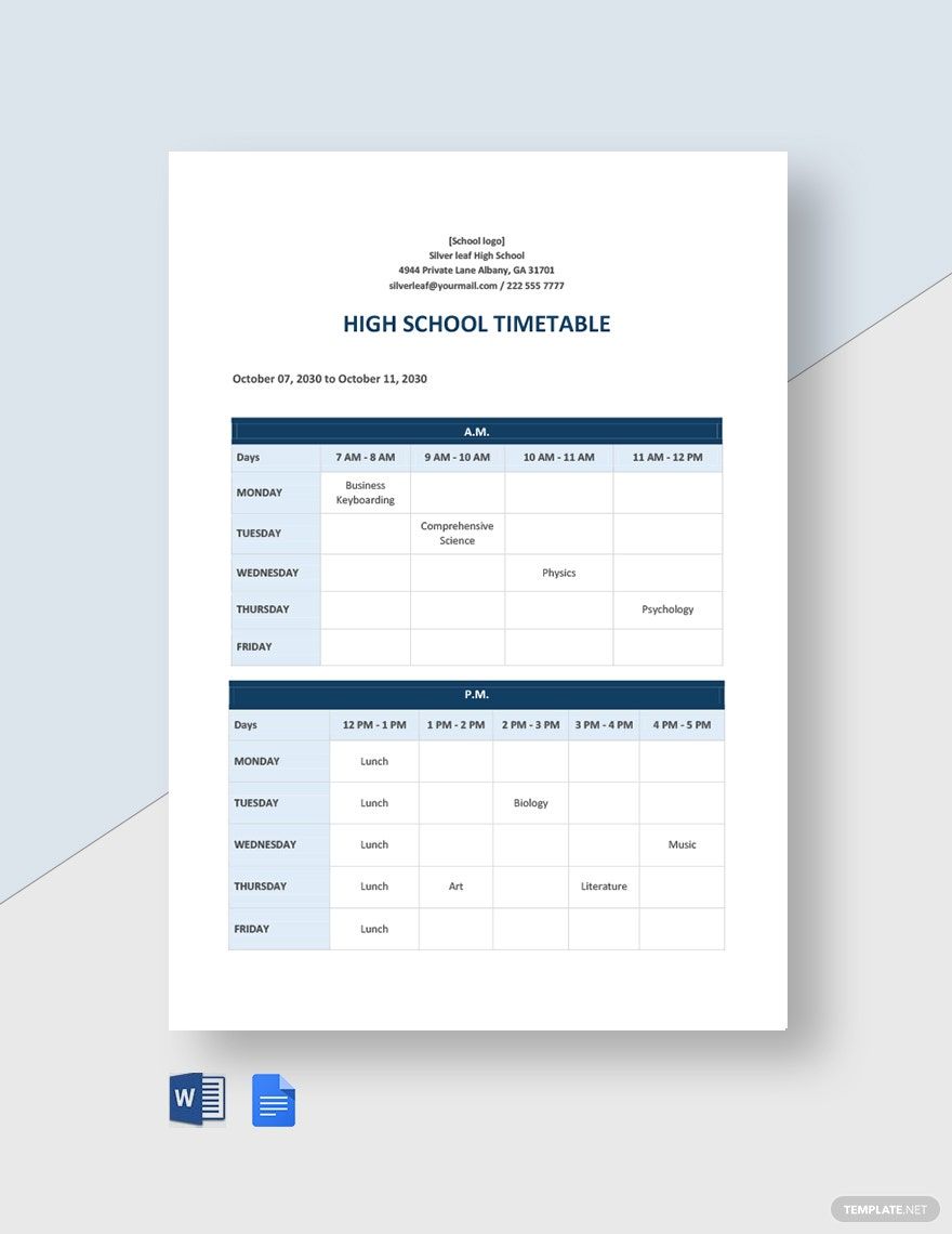 High School Timetable Template in Word, Google Docs - Download | Template.net