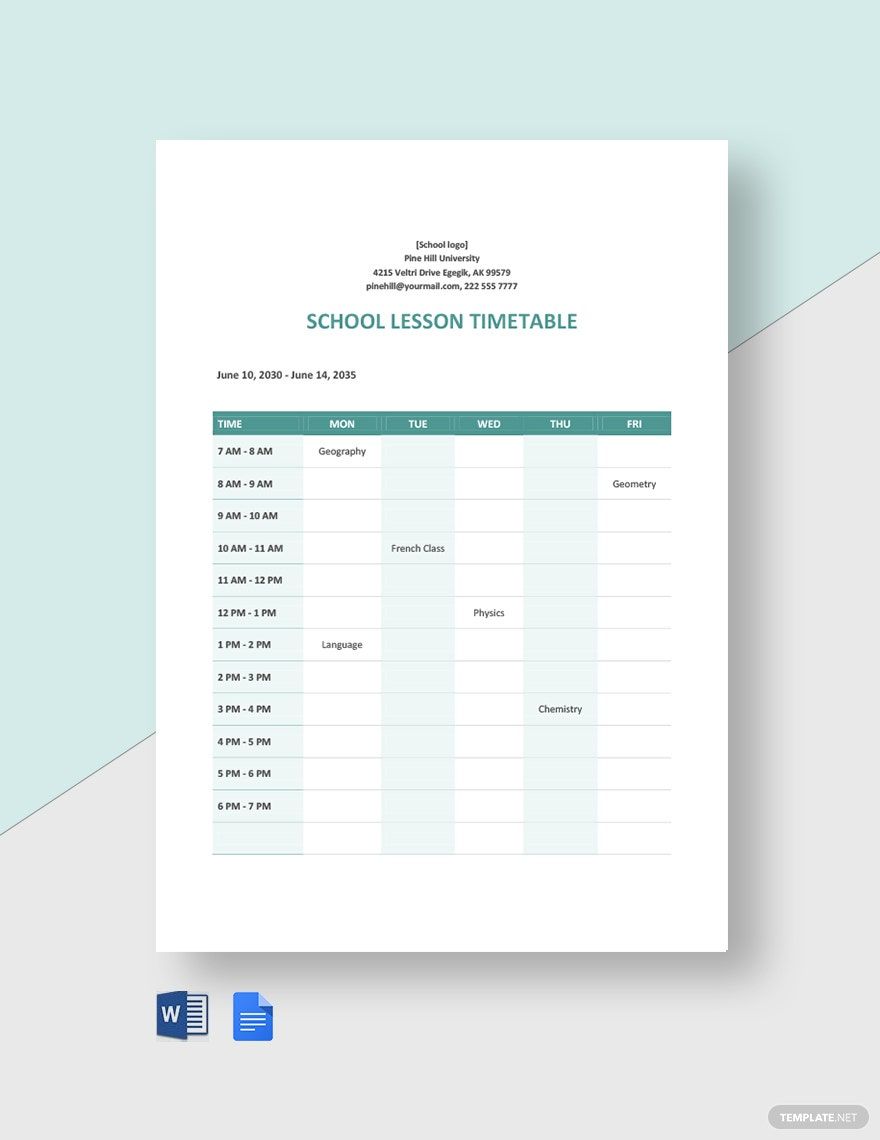 Free School Lesson Timetable Template