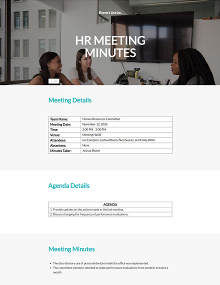 6+ FREE HR Meeting Minutes Templates - PDF | Word | Google Docs | Apple ...