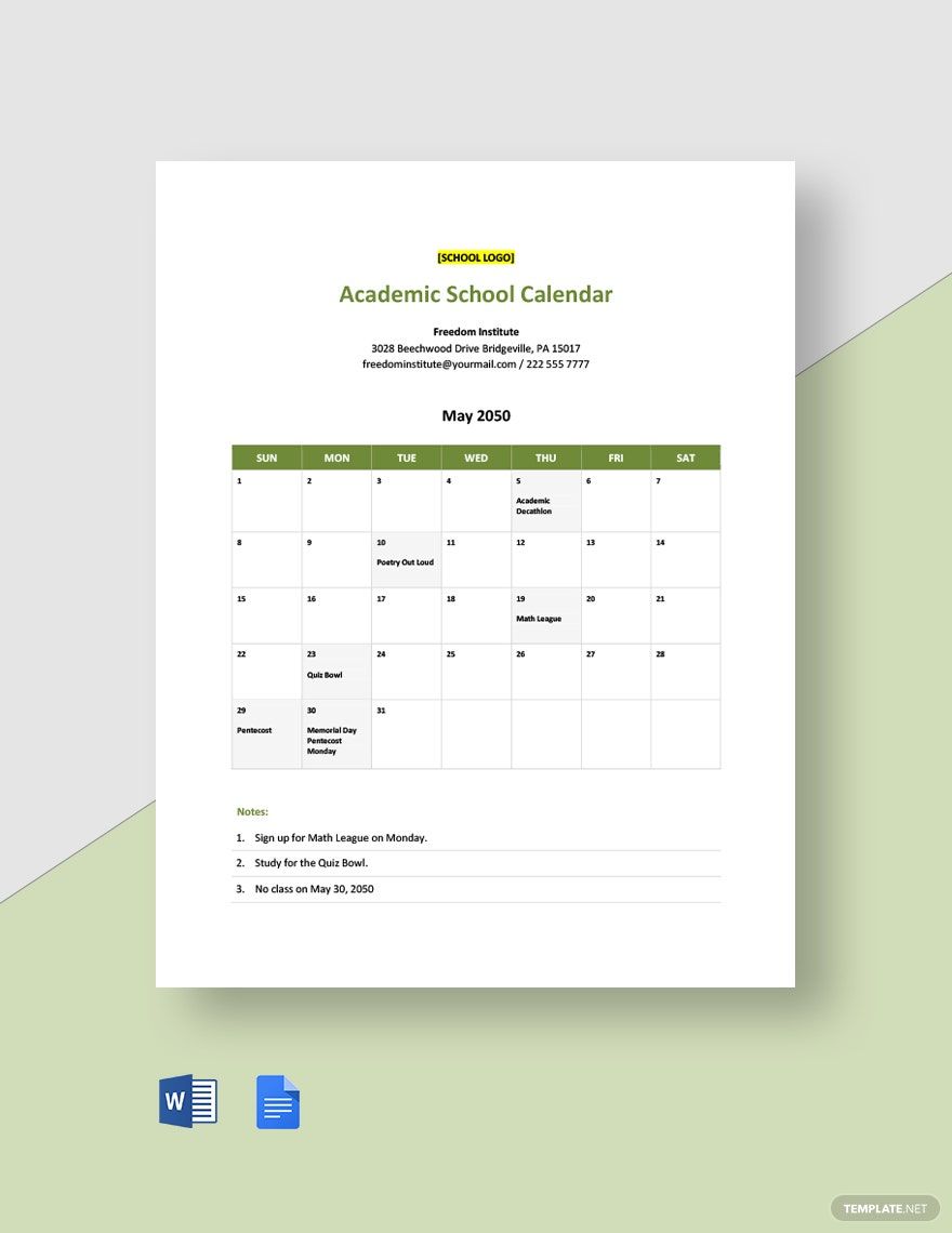Academic School Calendar Template