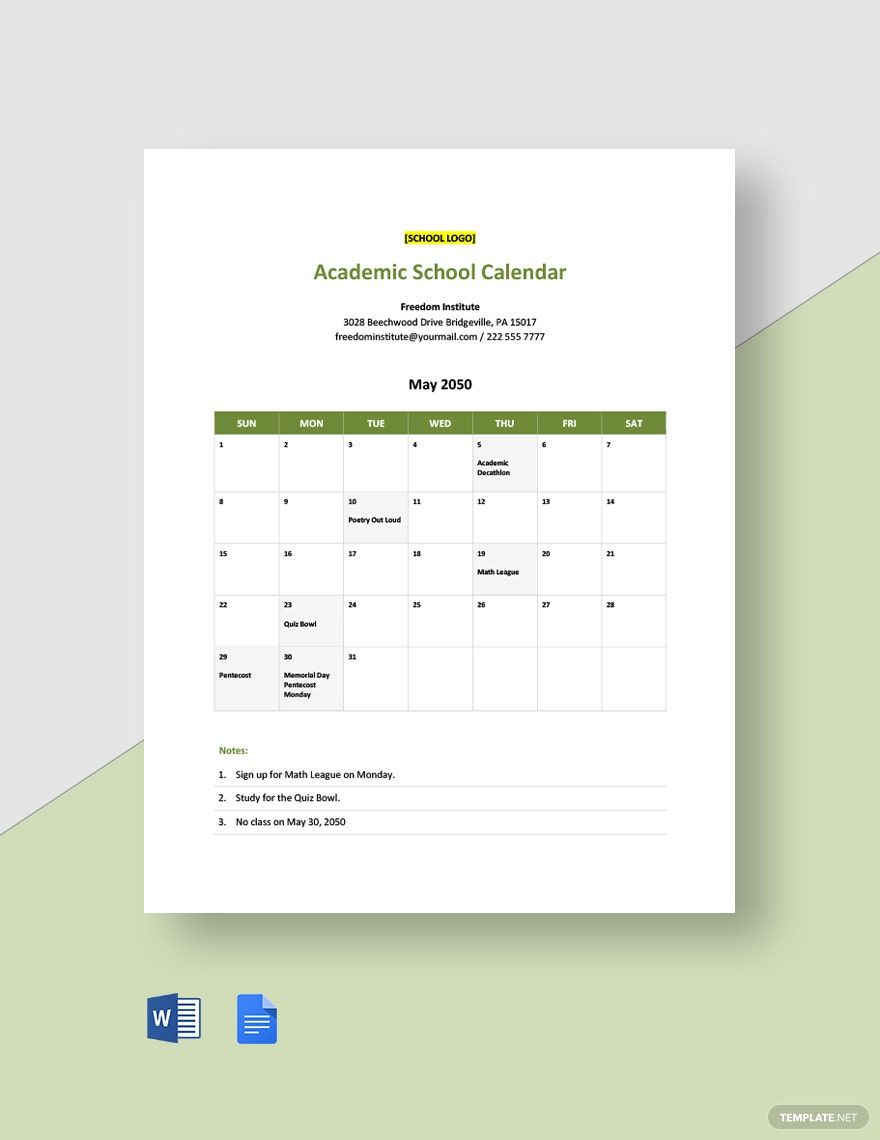 Academic School Calendar Template Download In Word Google Docs 