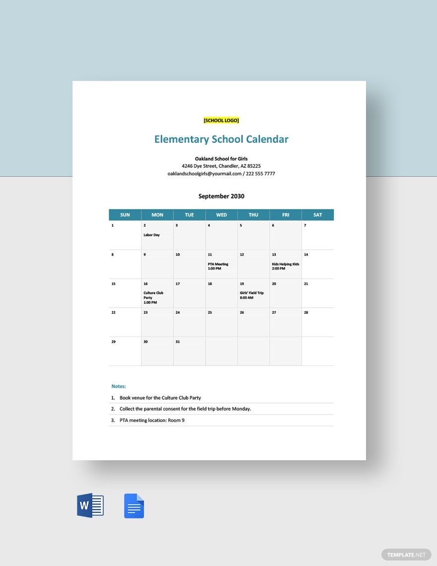 Elementary School Calendar Template in Word, Google Docs, PDF