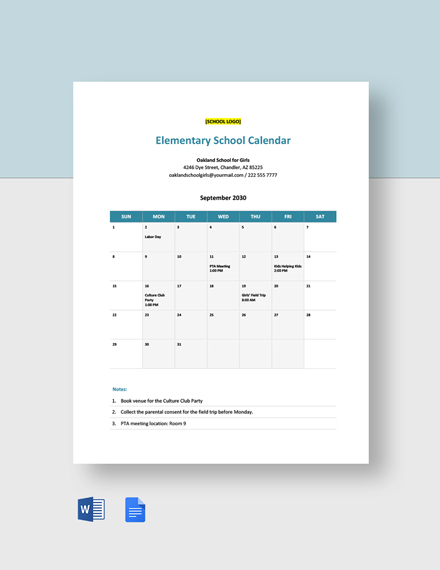 Elementary School Calendar Template