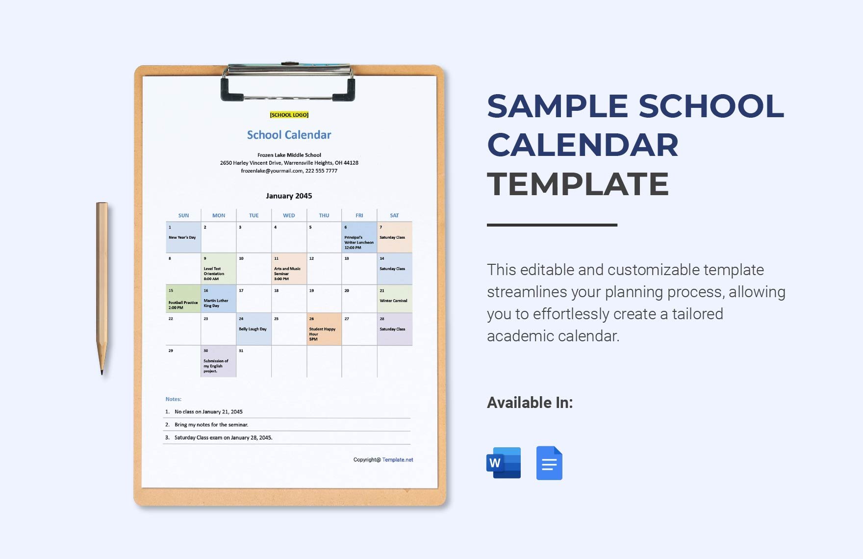 Sample School Calendar Template