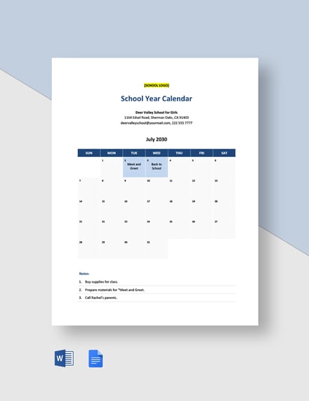 FREE School Calendar Template Download in Word Google Docs Excel