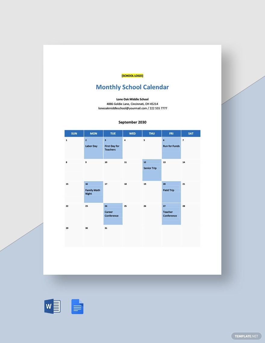 Editable Monthly School Calendar Template