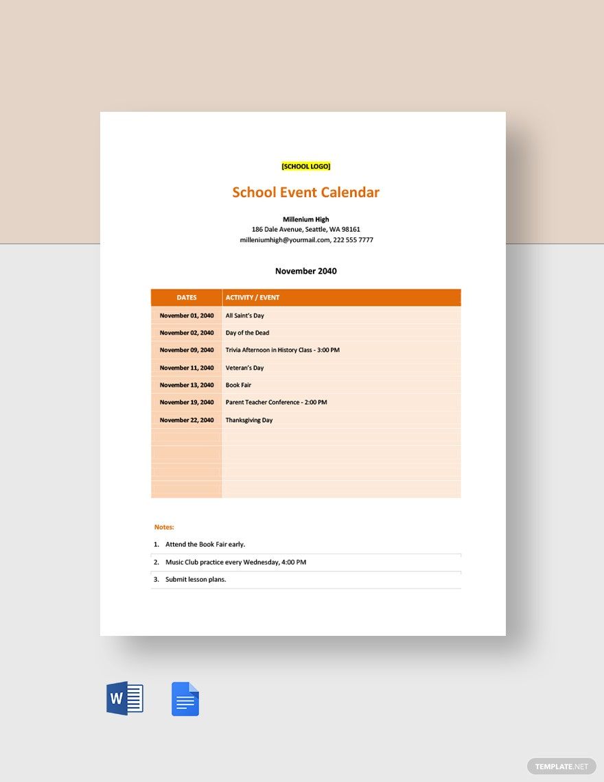 Editable School Event Calendar Template