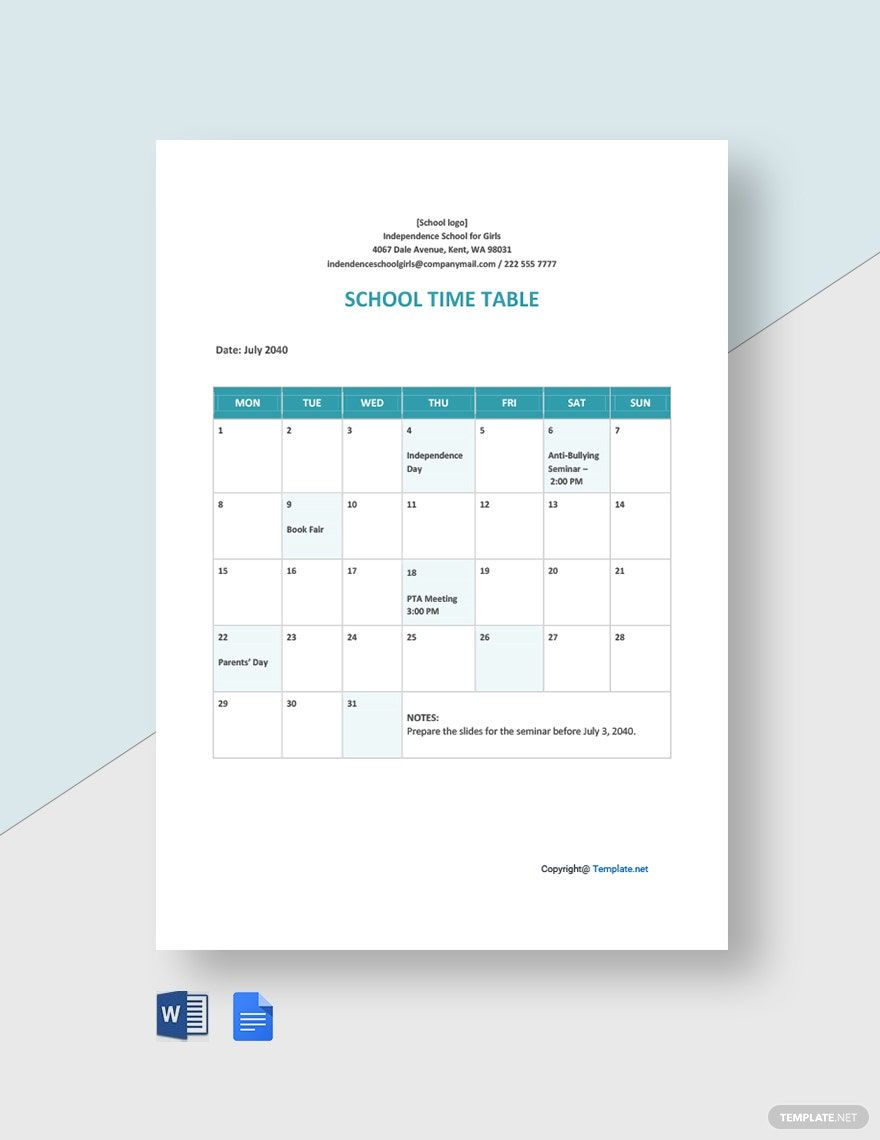 Free Blank School Timetable Template