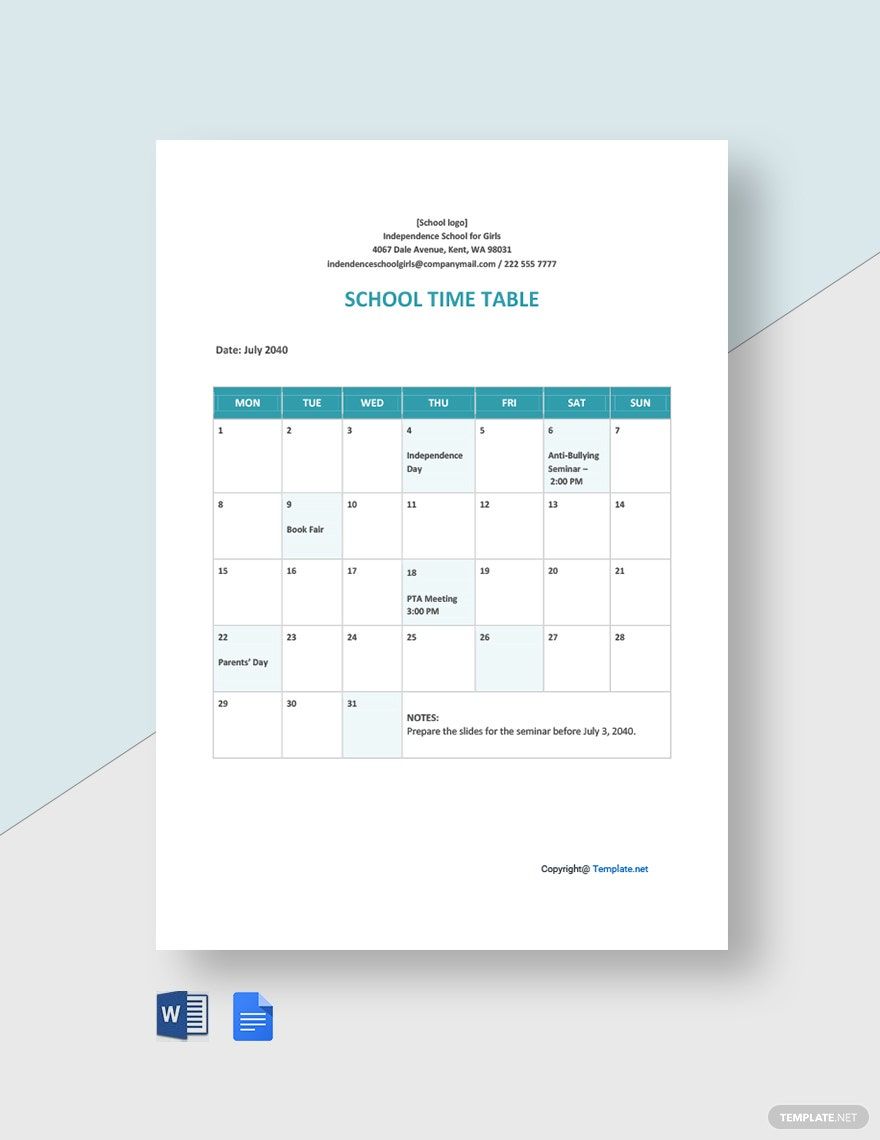 Blank School Timetable Template in Word, Google Docs