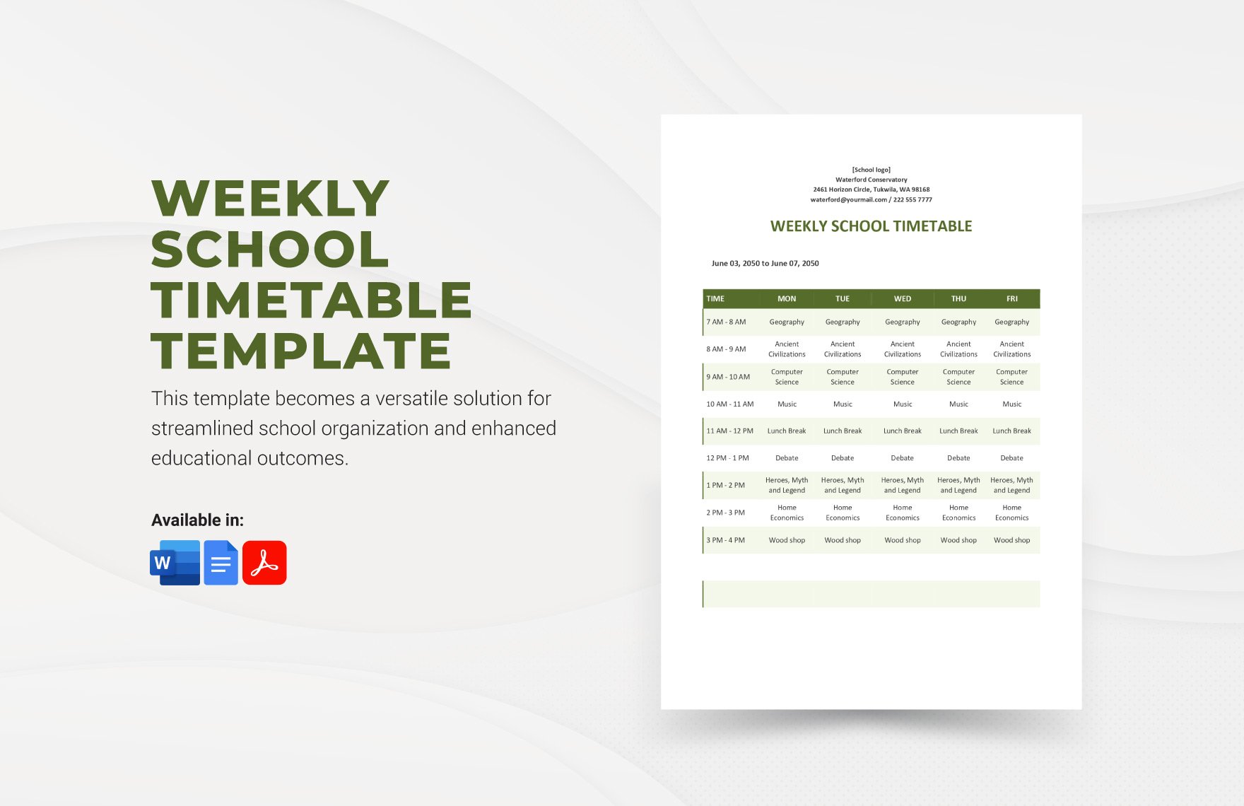 Weekly School Timetable Template